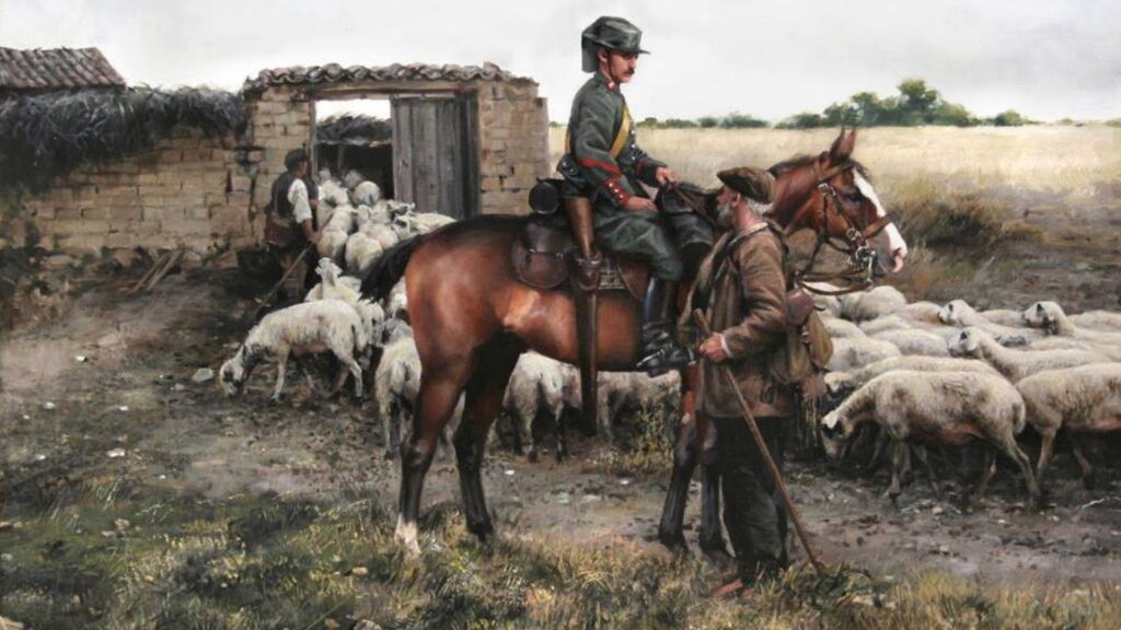 La Guardia Civil protegiendo el campo, una obra de Augusto Ferrer-Dalmau