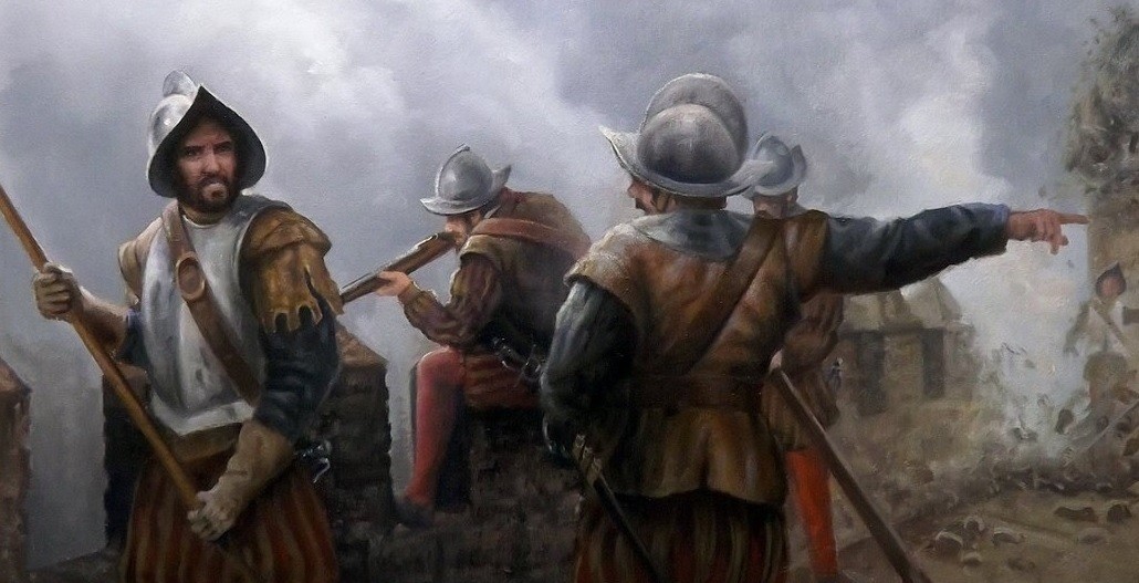 Soldados de los Tercios españoles defendiéndose de un ataque enemigo