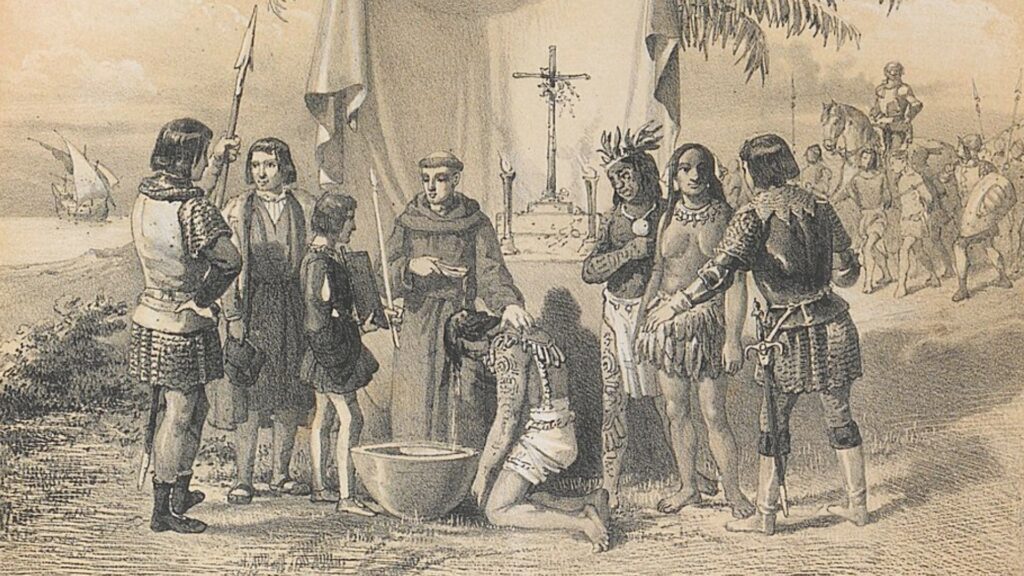 Bartolomé de las Casas bautizando a varios indígenas del nuevo mundo