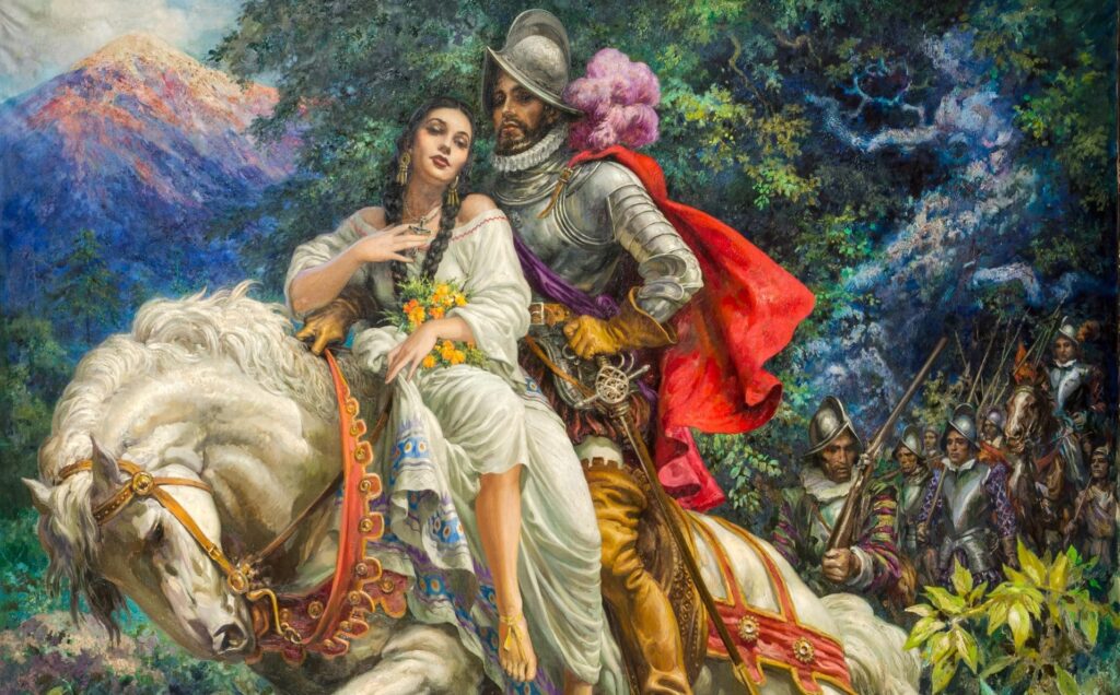Hernán Cortés montado a caballo con su mujer 'la Malinche'
