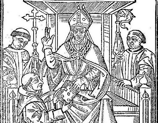Fray Pedro de Alcalá entregando un ejemplar de su obra al arzobispo de Granada, Hernando de Talavera
