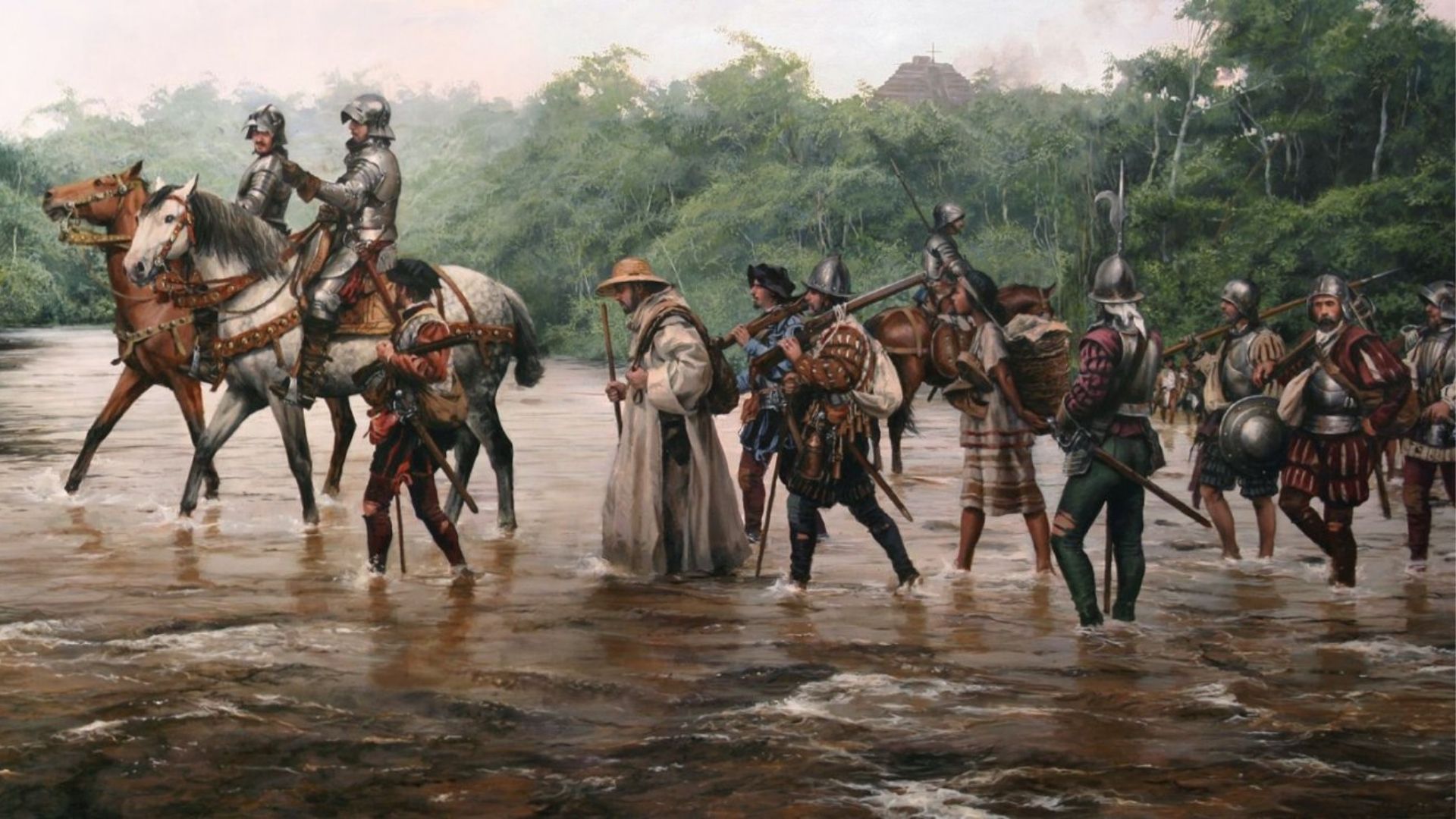 Hernán Cortés al frente de sus hombres en el nuevo mundo