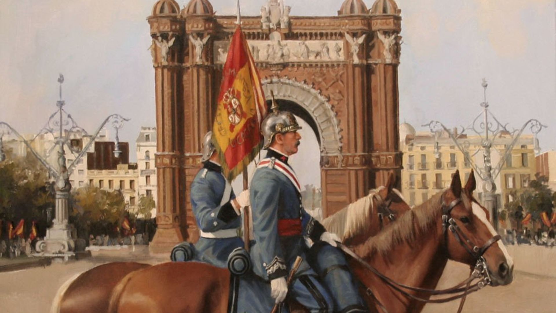 Dos soldados con la bandera de España desfilando en la ciudad de Barcelona