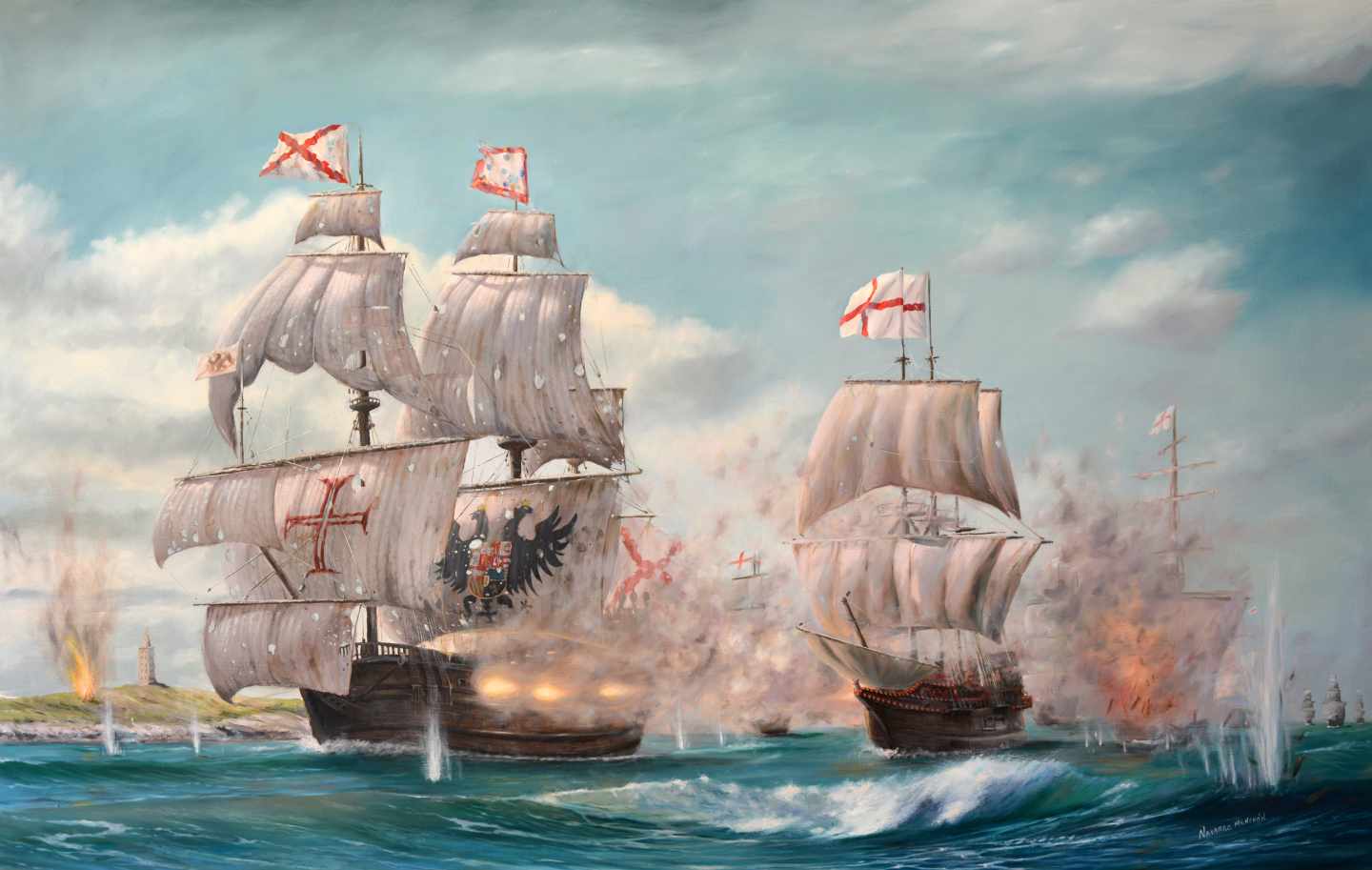 Embarcación de la Armada Invencible abriendo fuego contra una nave inglesa
