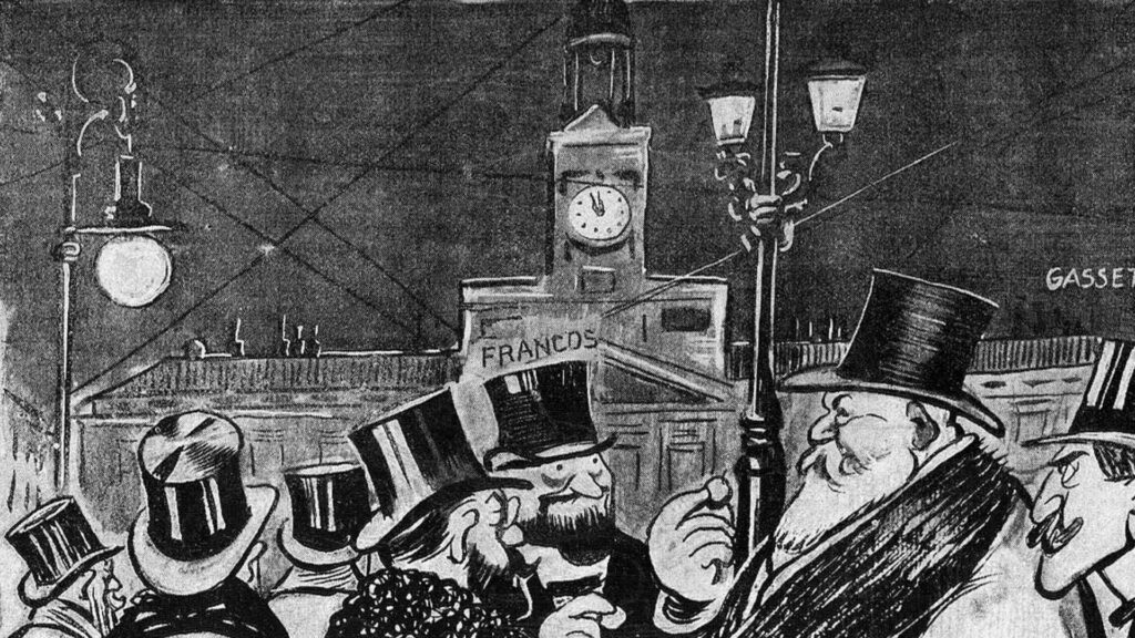 Caricatura del 1 de enero de 1911 con varios políticos comiendo las 'doce uvas de la suerte' de Nochevieja en la Puerta del Sol