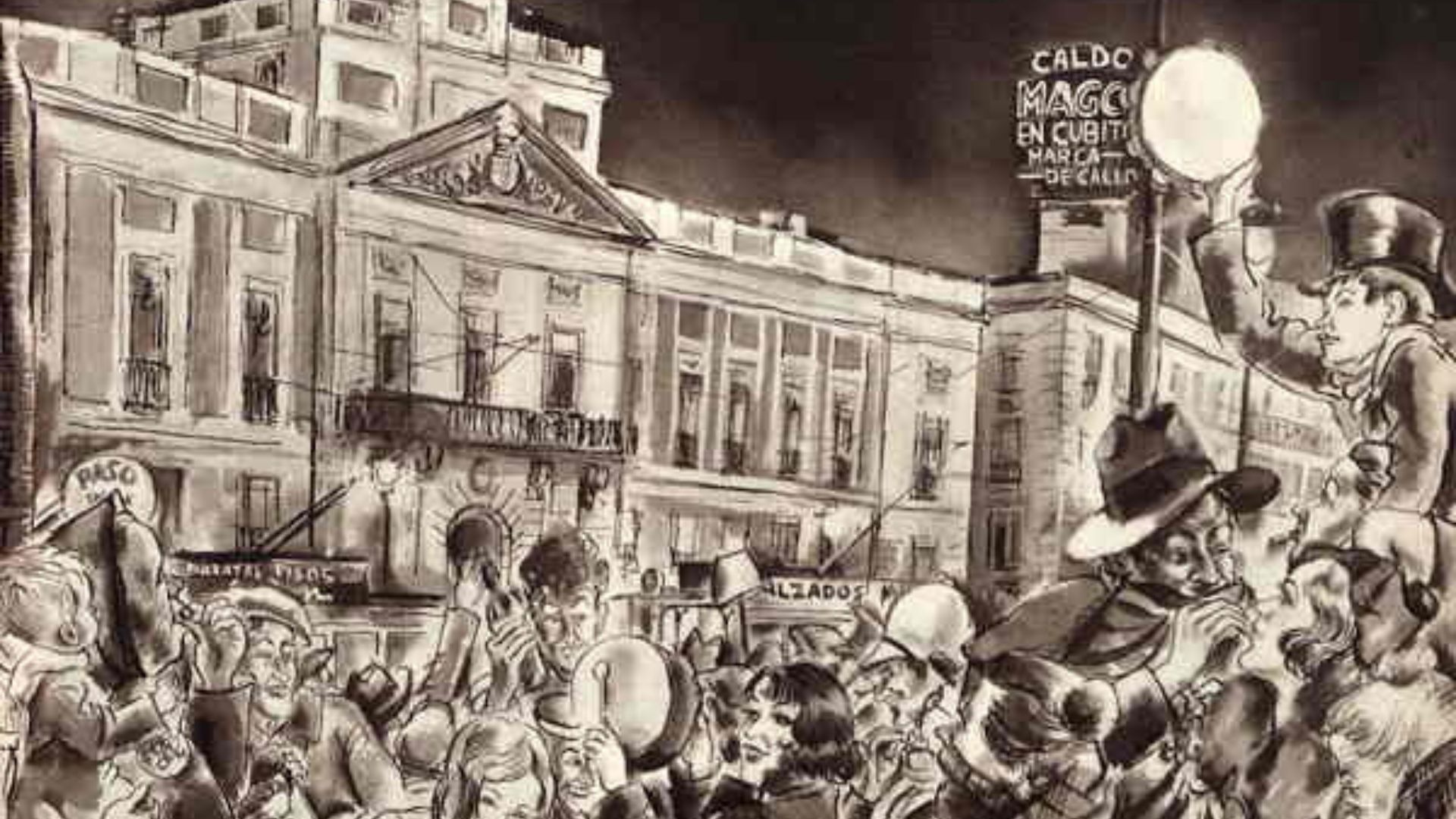 Nochevieja en la Puerta del Sol. Dibujo de Arteches para la revista Crónica, 1933