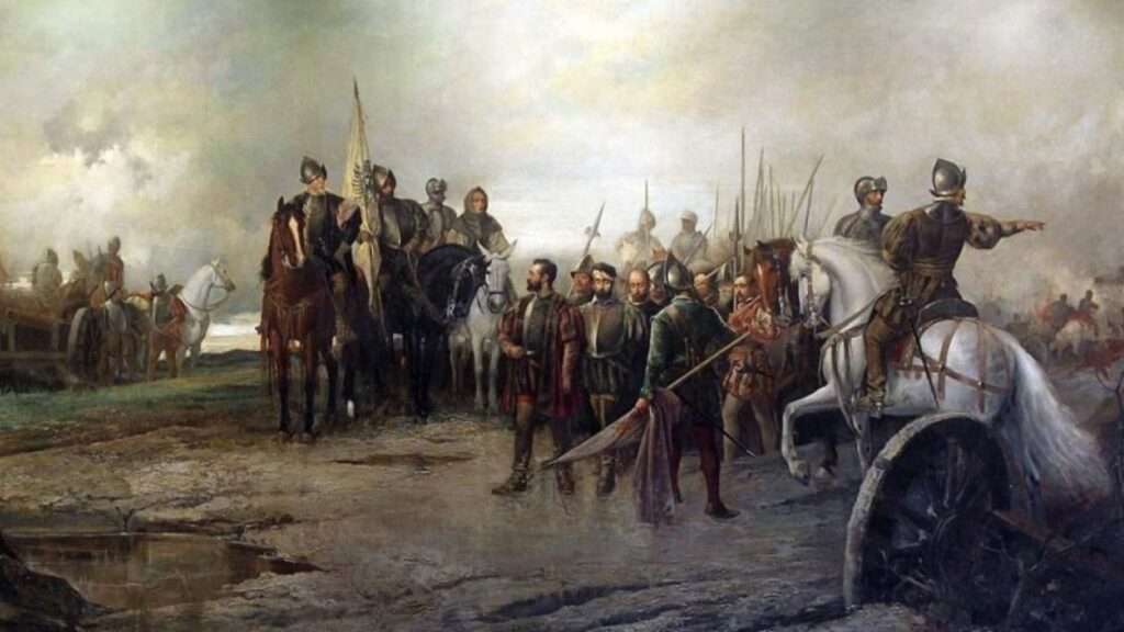 La rendición de los líderes comuneros tras la batalla de Villalar. Un cuadro de Manuel Picolo López.