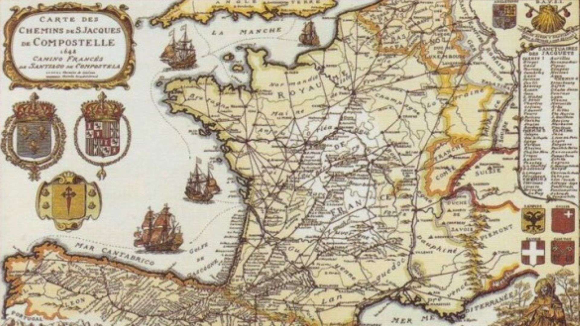 Mapa antiguo de las diferentes rutas europeas del Camino de Santiago