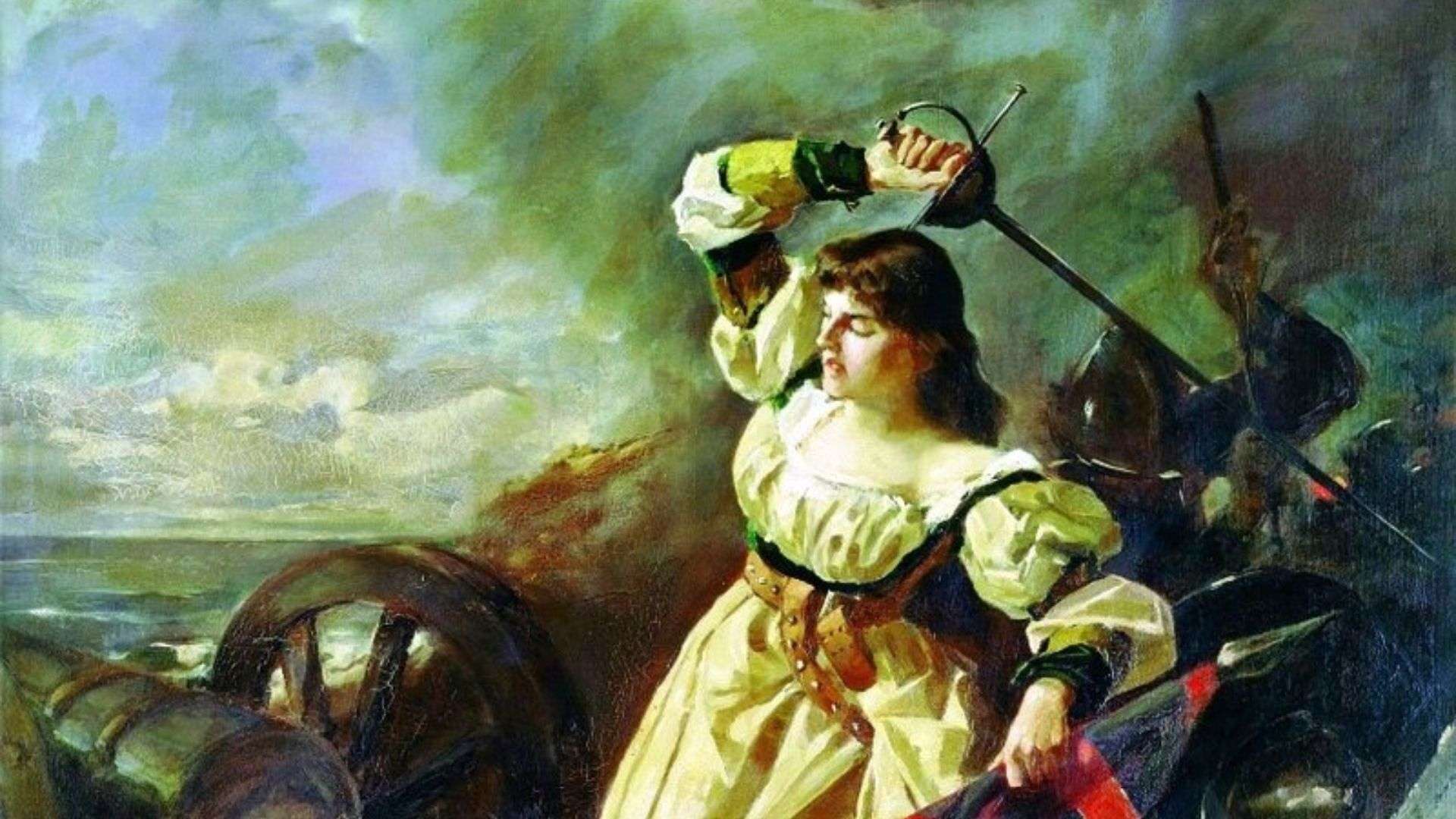 María Pita, la gran heroína coruñesa, cargando contra los ingleses dirigidos por Francis Drake. Cuadro de Arturo Fernández Cersa