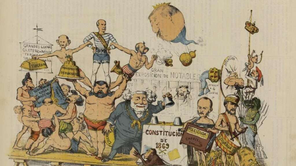 Caricatura de la época sobre la promulgación de la Constitución de 1869