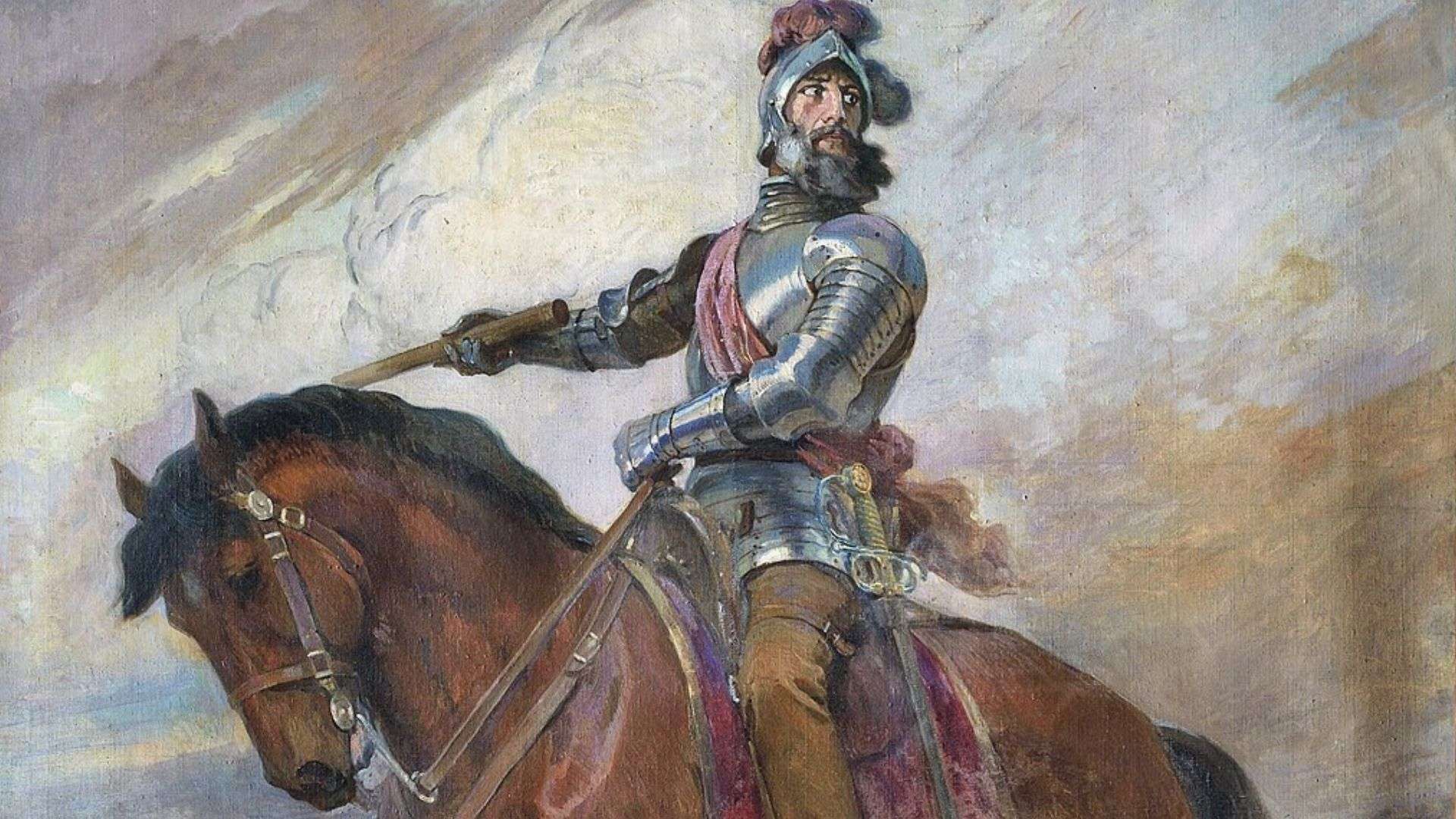 El conquistador español Francisco Pizarro a caballo