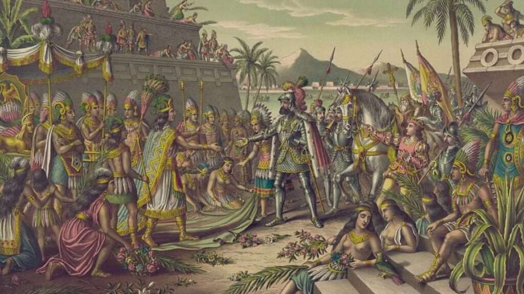 Encuentro entre el conquistador español Hernán Cortés y el emperador azteca Moctezuma