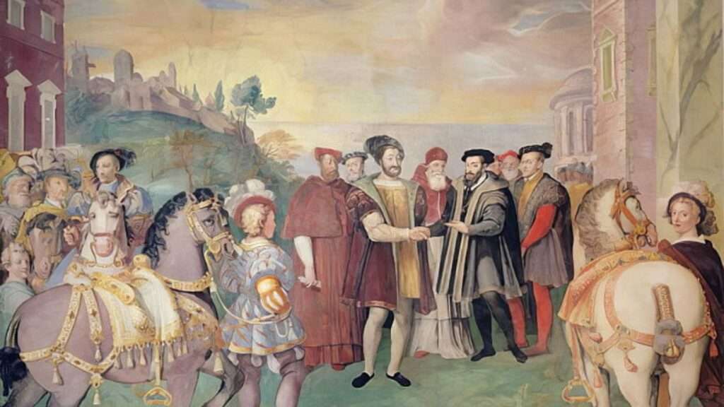 La tregua de Niza entre Francisco I y el emperador Carlos V en 1538, encontrándose en el centro, el Papa Pablo III Farnese