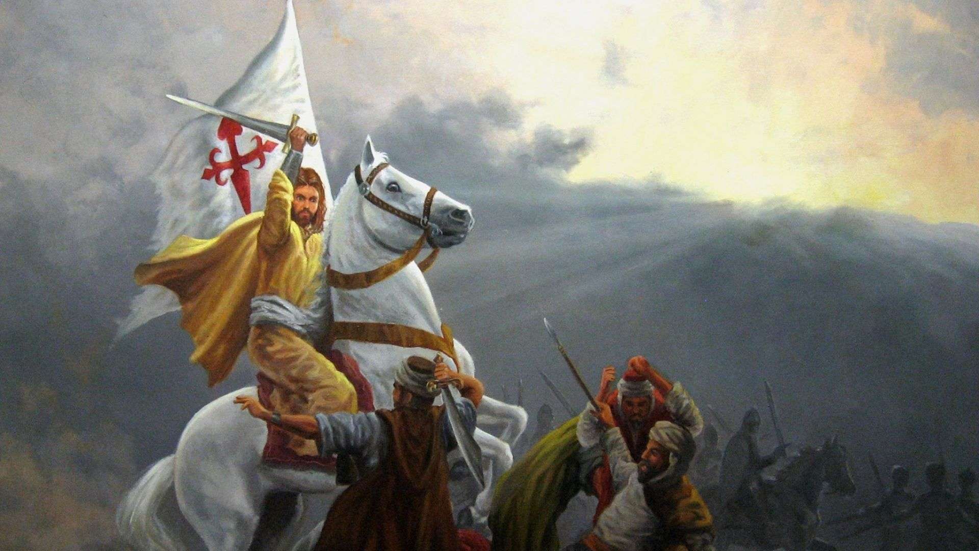 El Apóstol Santiago, apodado Santiago 'Matamoros' lidera a las tropas cristianas en la batalla de Clavijo
