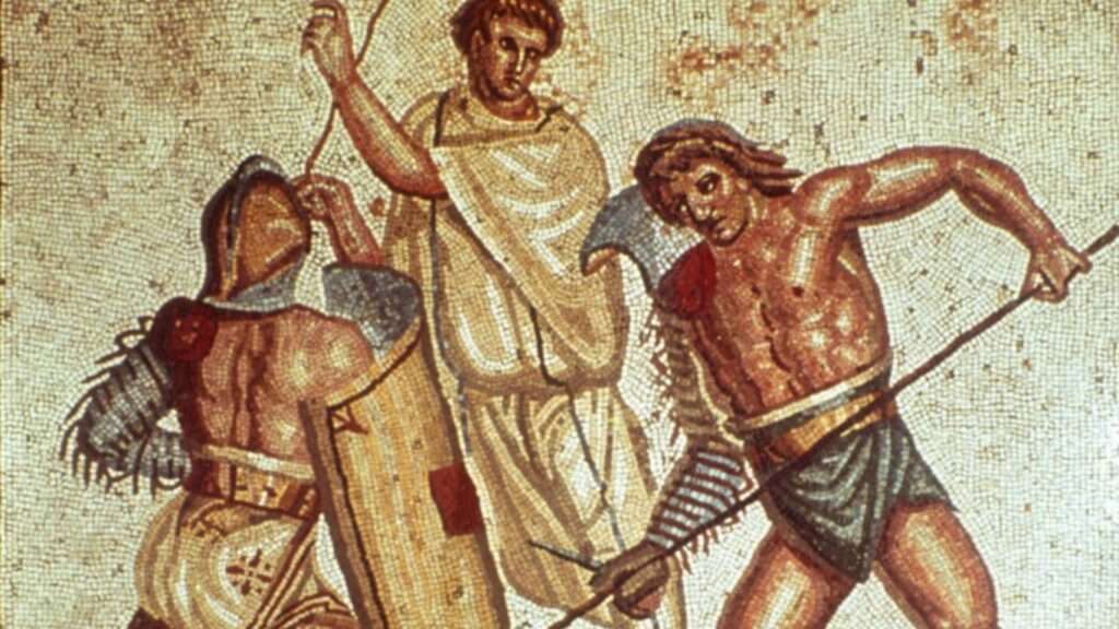 Gladiadores romanos entrenando en un ludus