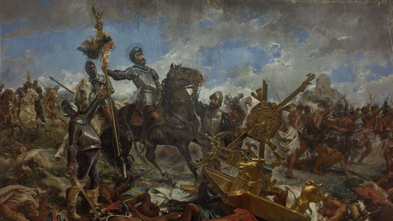 Hernán Cortés combatiendo al Imperio azteca con la ayuda de los tlaxcaltecas en la batalla de Otumba