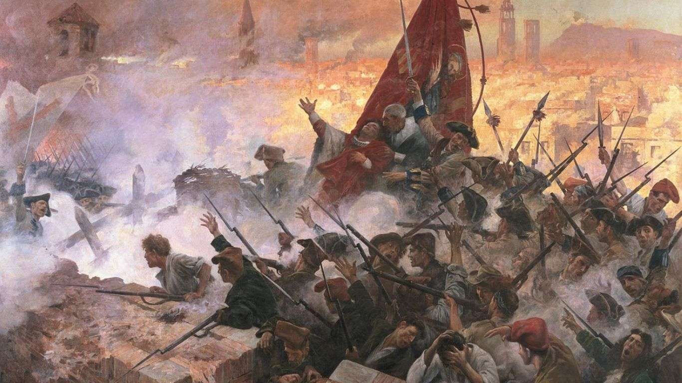 La caída de Barcelona ante las tropas del Rey Felipe V durante la Guerra de Sucesión Española. Obra de Antoni Estruch Bros