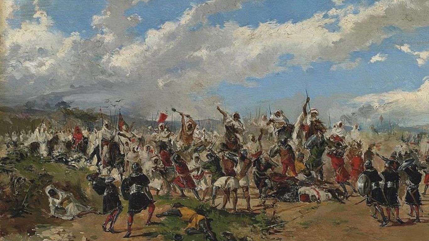 Los almorávides luchando contra las tropas cristianas en la batalla de Sagrajas. Obra de Mariano Barbasán