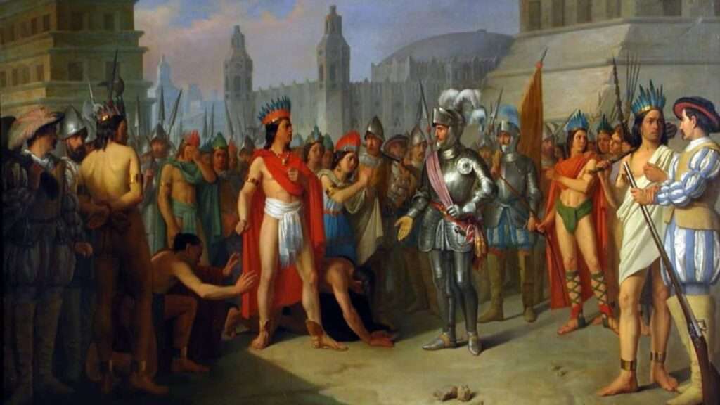 El primer encuentro entre el conquistador Hernán Cortés y el líder del Imperio Azteca, el tlatoani Moctezuma.