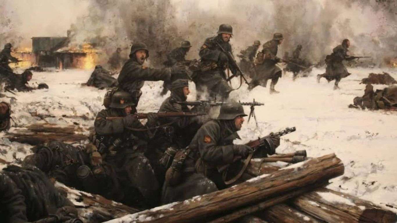La División Azul combatiendo a la Unión Soviética durante la Segunda Guerra Mundial. Obra de Augusto Ferrer-Dalmau.